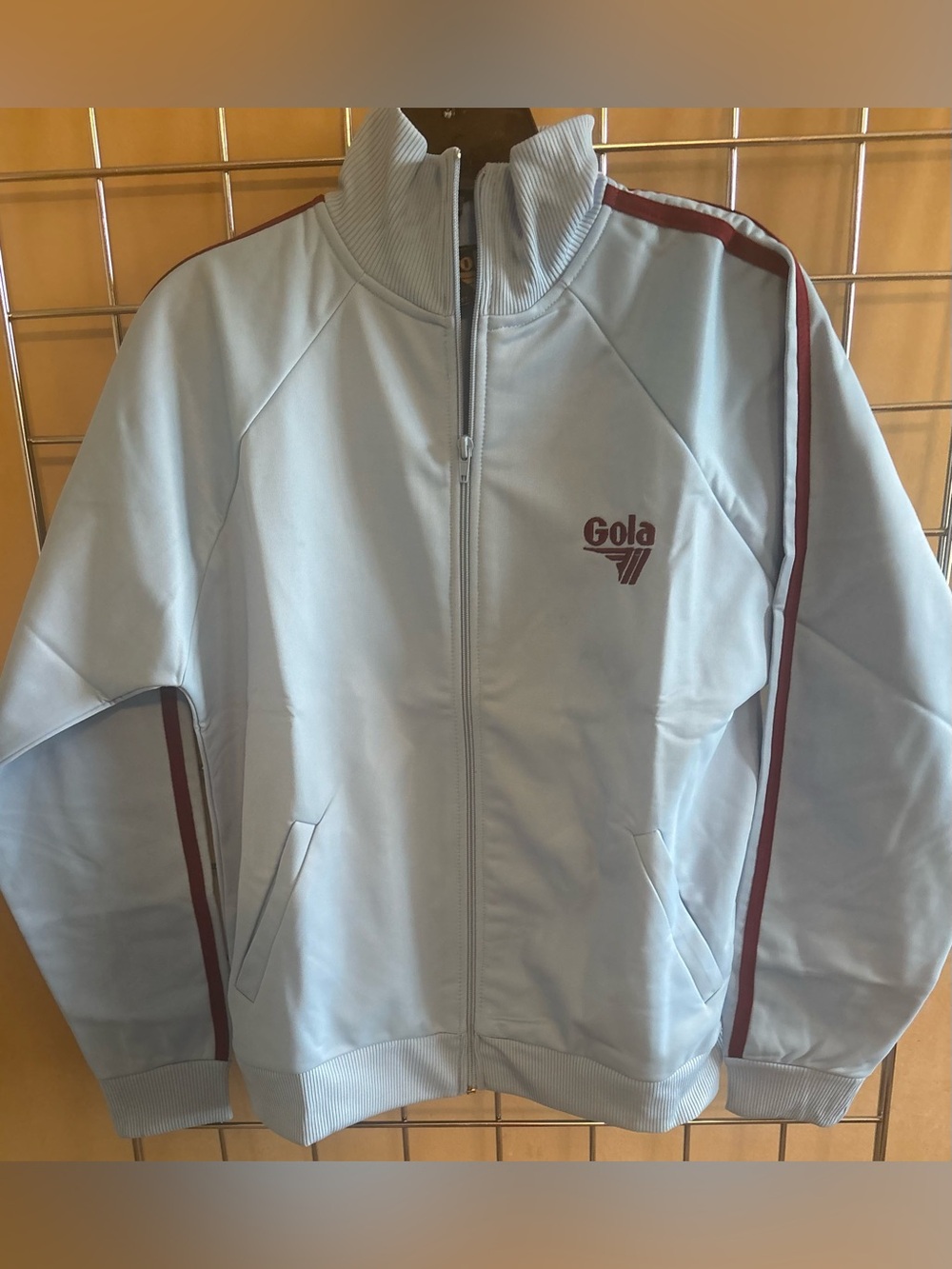 NWT Gola Men's Track Jacket Sz L Sky Blue Maroon Stripes Embroidered Satin Style
